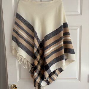 Chic Striped Poncho in Cream, Black, and Tan